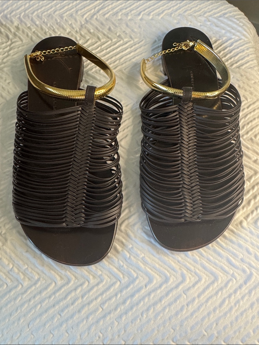 Giuseppe Zanotti Black Woven Slide Sandals with Gold Ankle Chain